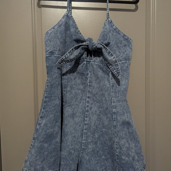Women's Vintage Bowknot Spaghetti Strap Wide Leg Denim Romper - Picture 1 of 4
